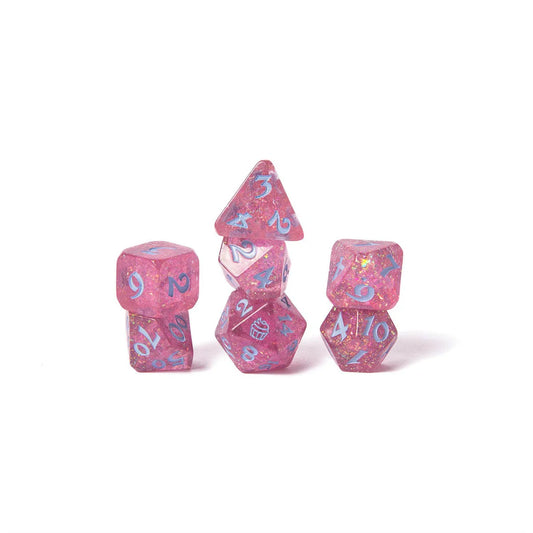 Jester Lavorre dice set, Critical Role Jester dice, Mighty Nein dice, cupcake d20 icon, translucent pink dice with rainbow flakes, Laura Bailey dice set, Critical Role official dice, Die Hard Dice set, DnD polyhedral dice, fantasy RPG dice set