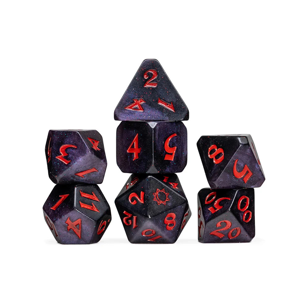 Mollymauk Tealeaf dice set, Critical Role Mollymauk dice, Mighty Nein dice, sun and moon d20 icon, purple and black glitter dice, Taliesin Jaffe dice set, Critical Role official dice, Die Hard Dice partnership, fantasy RPG dice set, DnD polyhedral dice