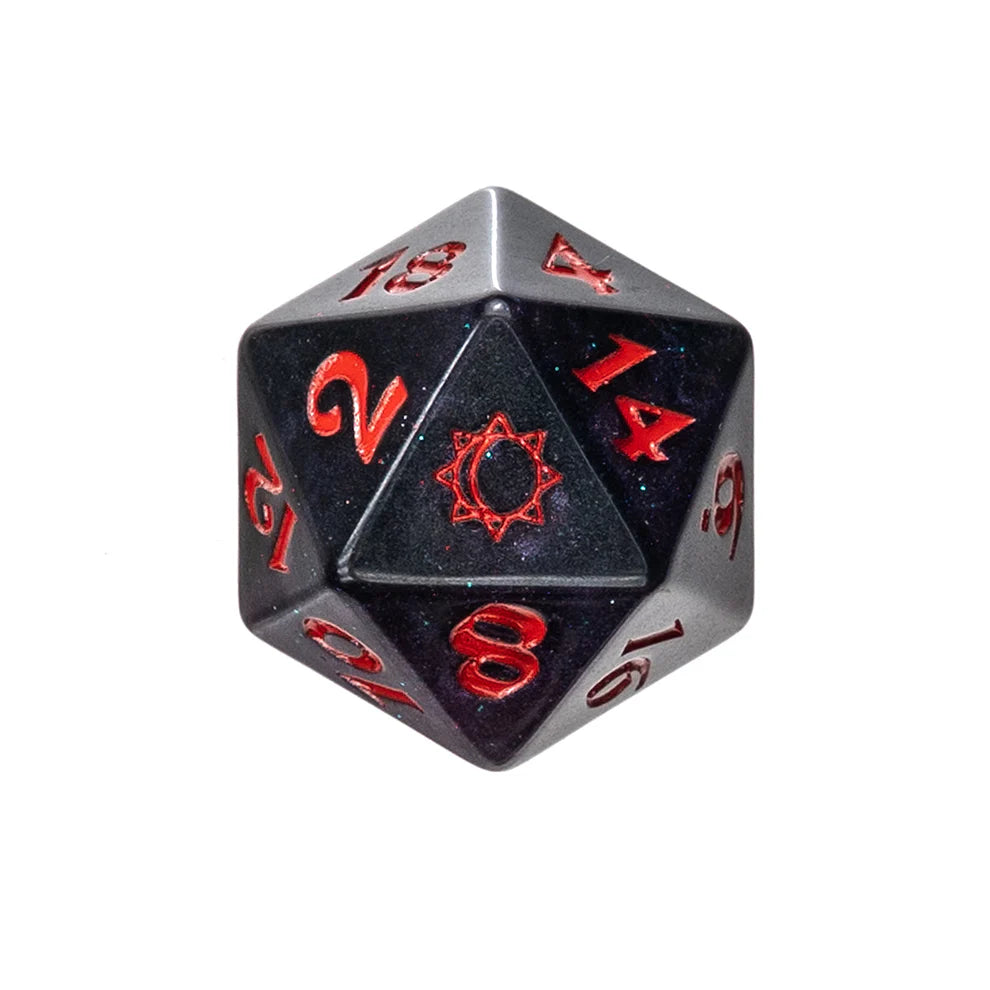 Mollymauk Tealeaf dice set, Critical Role Mollymauk dice, Mighty Nein dice, sun and moon d20 icon, purple and black glitter dice, Taliesin Jaffe dice set, Critical Role official dice, Die Hard Dice partnership, fantasy RPG dice set, DnD polyhedral dice