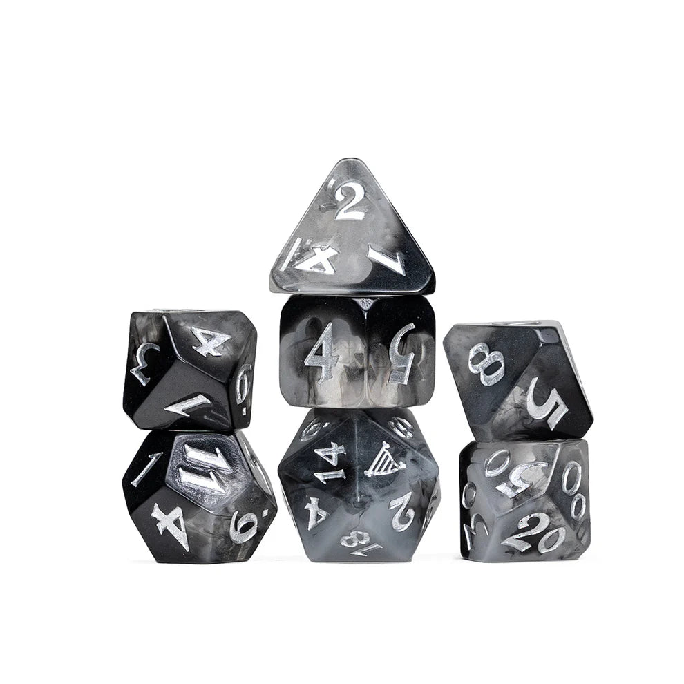 Yasha Nydoorin dice set, Critical Role Yasha dice, Mighty Nein polyhedral dice, bone harp d20 icon, cloudy gray dice set, Critical Role official merchandise, Ashley Johnson character dice, Die Hard Dice Mighty Nein, DnD Yasha dice set, Critical Role campaign 2 dice
