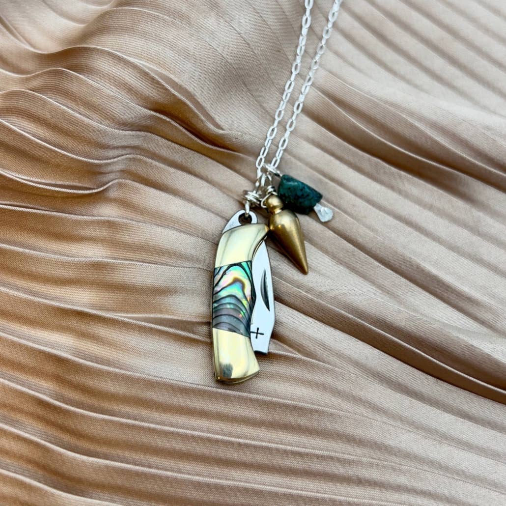 mini knife necklace abalone, abalone pocket knife pendant, functional knife jewelry, tiny blade necklace, sterling silver knife necklace, abalone and turquoise necklace, brass point knife pendant, real knife necklace jewelry, compact blade necklace, mini knife for women, clever jewelry gift, small pocket knife necklace, ocean abalone jewelry, adventurer necklace, edgy turquoise necklace