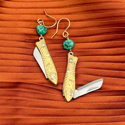mini knife earrings, functional fashion earrings, rogue jewelry for gamers, fantasy cosplay earrings, high fashion gamer accessories, turquoise knife earrings, hidden blade earrings, stylish rpg gear, edgy earrings for women, gamer fashion accessories, dnd inspired jewelry, critical role style earrings, knife earrings real blade, tiny pocket knife earrings, fashion meets fantasy jewelry