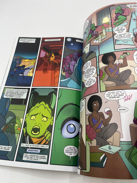 Interior pages from Money Shot Volume 3 featuring full-color comic artwork, character conversations, and science fiction storytelling set across multiple worlds.