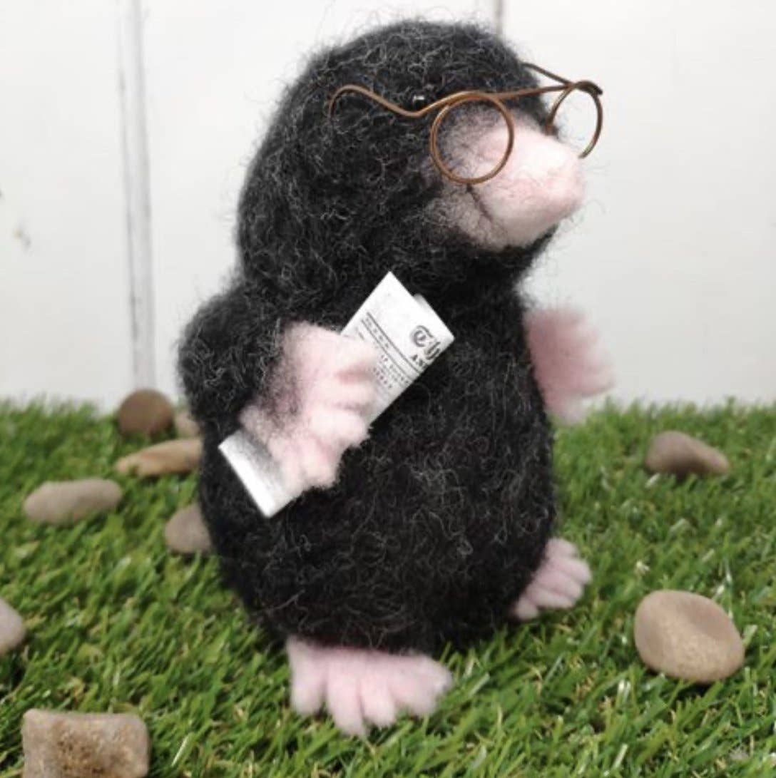 Mr Mole needle felting kit, woodland animal craft kit, beginner needle felting project, mole DIY wool sculpture, felt mole with glasses, The Crafty Kit Company Scotland, sustainable needle felting kit, 3D felt animal kit, Corriedale wool craft, unique handmade gift idea