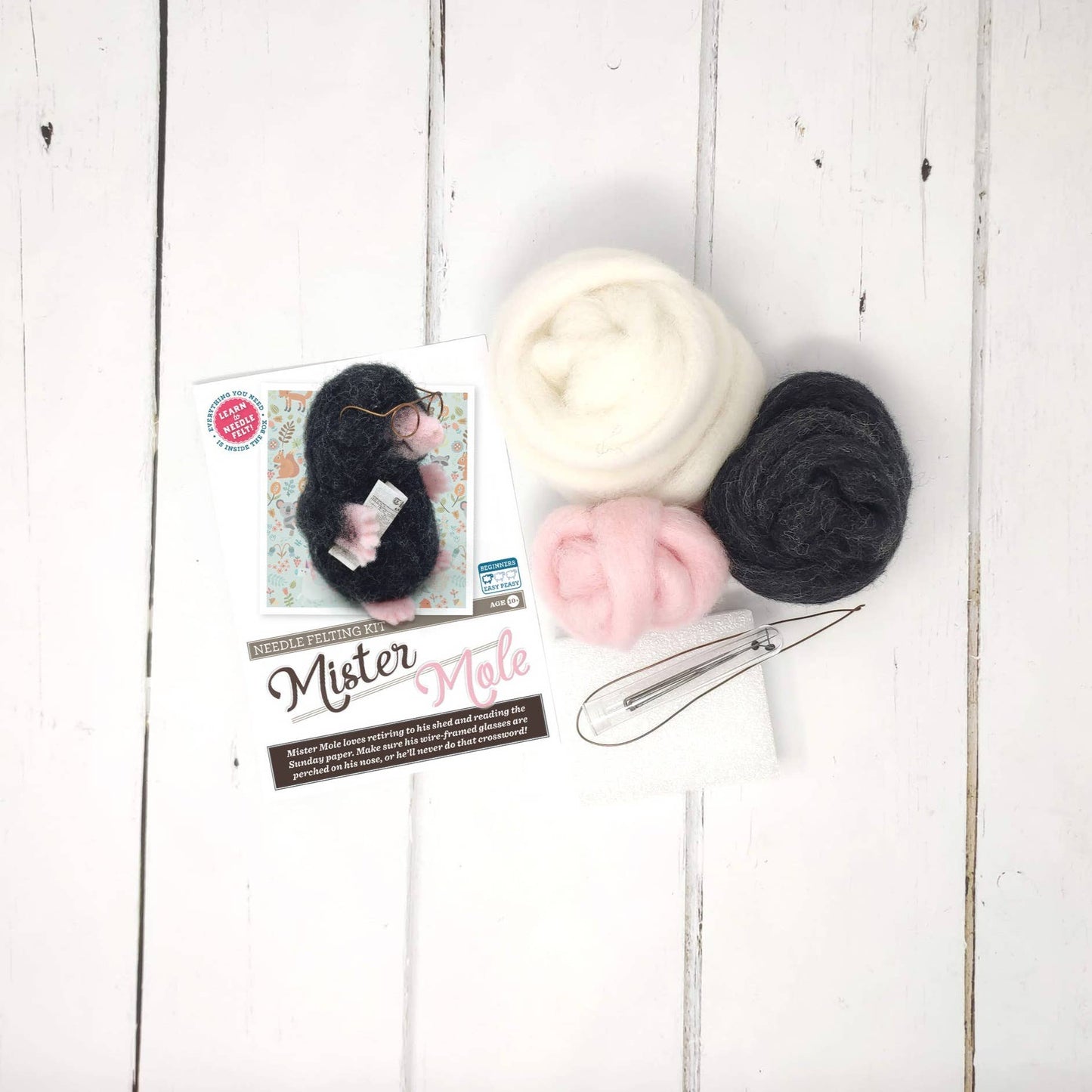 Mr Mole needle felting kit, woodland animal craft kit, beginner needle felting project, mole DIY wool sculpture, felt mole with glasses, The Crafty Kit Company Scotland, sustainable needle felting kit, 3D felt animal kit, Corriedale wool craft, unique handmade gift idea
