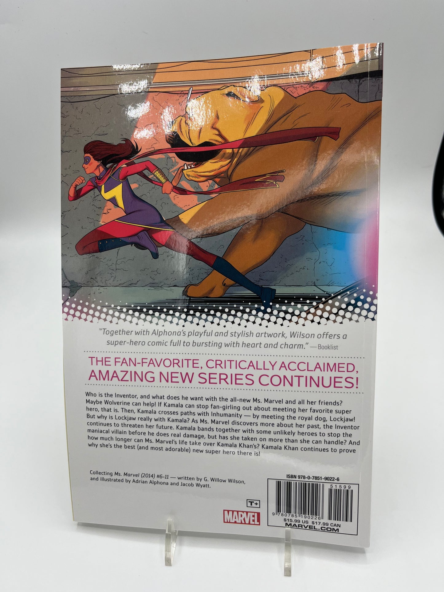 Back cover of Ms. Marvel: Generation Why featuring Kamala Khan running alongside Lockjaw, with the graphic novel synopsis and Marvel Comics publishing information.