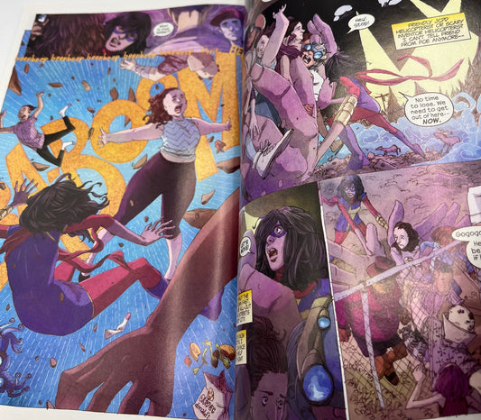 Interior pages from Ms. Marvel: Generation Why featuring Kamala Khan in a full-color action sequence with dynamic comic artwork and expressive character illustrations.