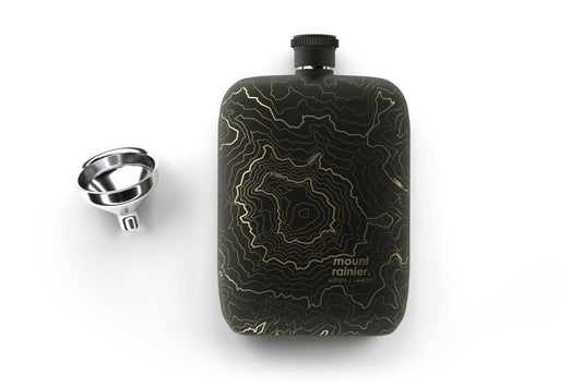Mt. Rainier topography flask, Washington mountain flask, Well Told stainless steel flask, etched topographic map gift, outdoor adventure flask, Pacific Northwest gift ideas, engraved mountain flask, black or white steel flask, topography map drinkware, hiker and climber gifts, pocket flask with funnel, Mt. Rainier souvenir gift, Rogue & Rye adventure collection, outdoor lifestyle gifts, local reimagined flask, precision-etched stainless steel.