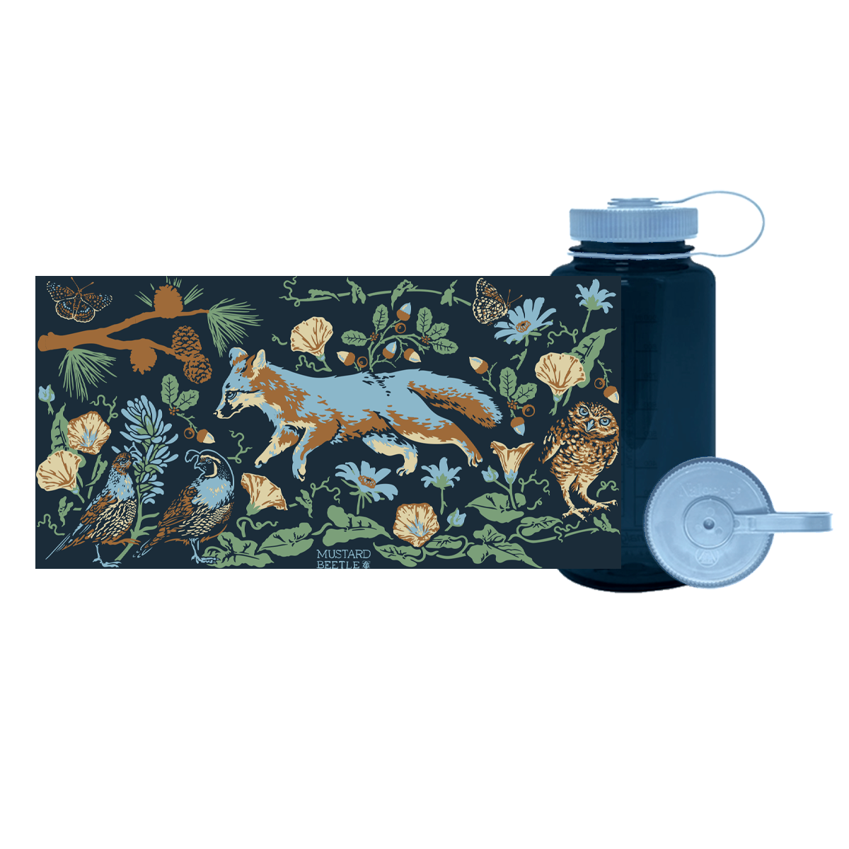 Mustard Beetle Nalgene bottle, Mustard Beetle Channel Islands water bottle, Channel Islands illustration Nalgene, island fox water bottle, California quail bottle design, burrowing owl illustration bottle, botanical wildlife Nalgene, limited edition 32oz Nalgene, recycled plastic Nalgene bottle, eco-friendly wide mouth bottle, BPA free Nalgene USA made, artist illustrated water bottle, Elizabeth Jean Younce artwork, nature inspired hydration bottle, California native species art bottle, functional art Nalge