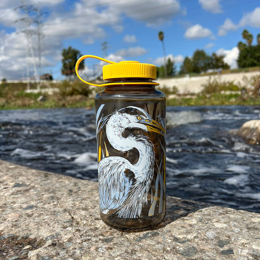 Mustard Beetle LA River Nalgene, Pasadena Audubon Nalgene collaboration, LA River illustration water bottle, Great Blue Heron Nalgene, Yellow-Rumped Warbler bottle design, Common Yellowthroat illustration, riparian habitat artwork bottle, botanical bird illustration Nalgene, limited edition 32oz wide mouth Nalgene, recycled plastic water bottle, eco-friendly Nalgene USA made, BPA free reusable bottle, Elizabeth Jean Younce artwork, nature inspired hydration bottle, functional art Nalgene, collectible artist