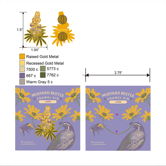 Dimensions and color codes for Mustard Beetle Lupine enamel pin featuring a botanical illustration of a lupine wildflower, hard enamel lapel pin for jackets, bags, and nature lovers.