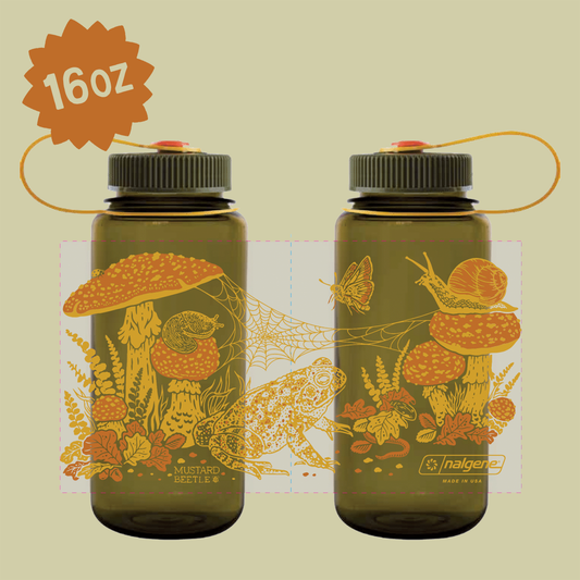 Mustard Beetle Nalgene bottle, Mustard Beetle Toad illustration water bottle, limited edition Nalgene 16oz, recycled plastic Nalgene bottle, eco-friendly water bottle, BPA-free Nalgene USA made, artist illustrated water bottle, nature inspired water bottle, toad illustration bottle, small business artist Nalgene collaboration, Los Angeles illustrator Elizabeth Jean Younce, Mustard Beetle outdoor bottle, functional art water bottle, 50 percent recycled plastic bottle, collectible artist Nalgene, wide mouth N