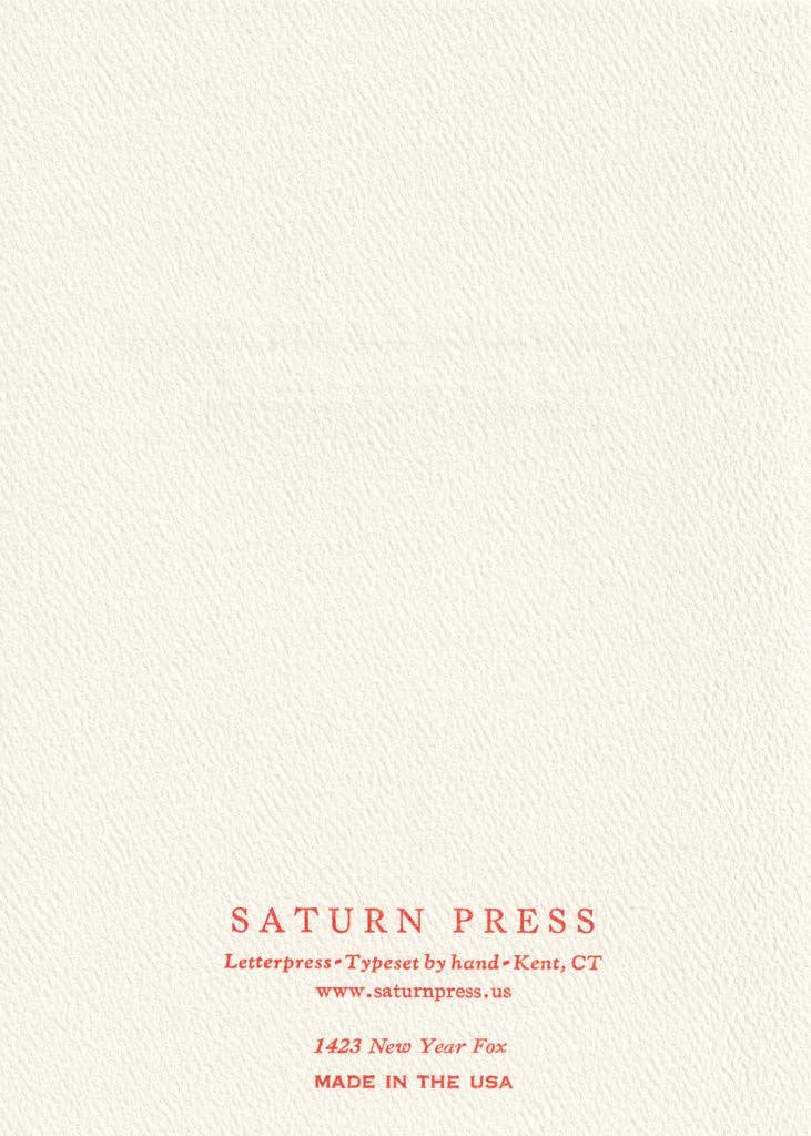 Saturn Press card, New Year letterpress card, snow fox greeting card, winter animal stationery, deckle edge holiday card, handmade letterpress card, winter country road card, seasonal greeting card with message, nature-inspired New Year card, premium paper goods, winter stationery, artisanal holiday card.