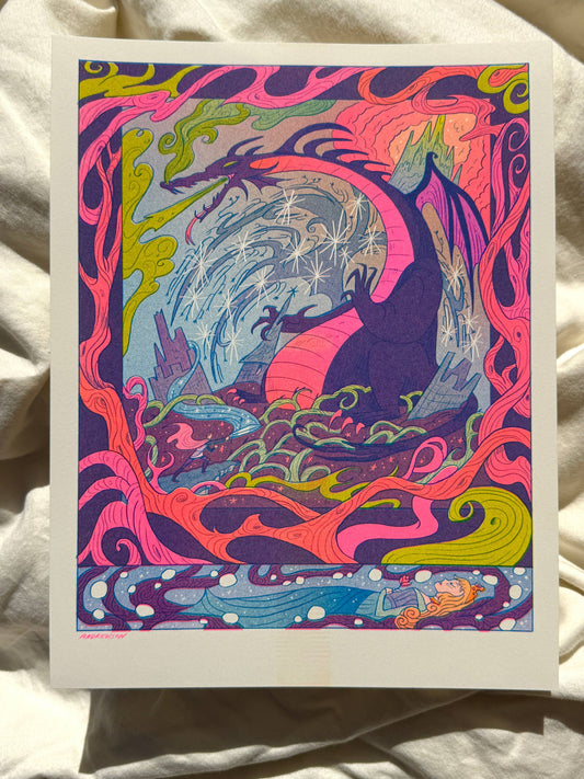 Once Upon a Dream risograph print, Sleeping Beauty art print, Gallery Nucleus exhibition art, Natalie Andrewson riso print, fairytale illustration print, fluorescent pink riso artwork, blue yellow riso print, small riso art, enchanted forest art print, narrative risograph illustration, collectible indie printmaker art, Rogue & Rye fairytale prints.