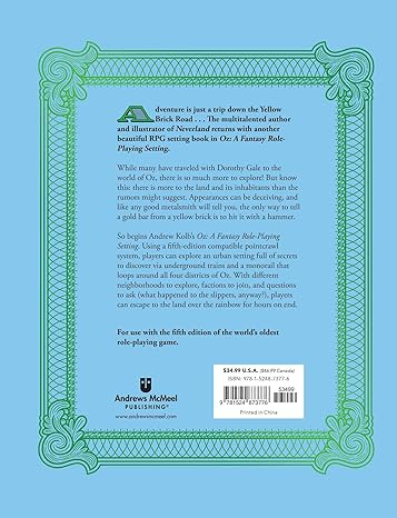 OZ RPG, Andrew Kolb OZ game, fantasy roleplaying in OZ, Emerald City RPG setting, Yellow Brick Road adventure, 5e compatible OZ, Wizard of Oz tabletop RPG, urban pointcrawl RPG, Oz campaign setting, Kolb fantasy RPG