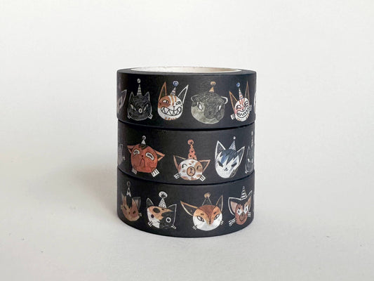 party cats washi tape, cat washi tape, shelley couvillion washi, cute animal tape, decorative craft tape, 15mm washi tape, party cat stationery, cat themed journaling tape, kawaii washi roll, planner and scrapbooking supplies