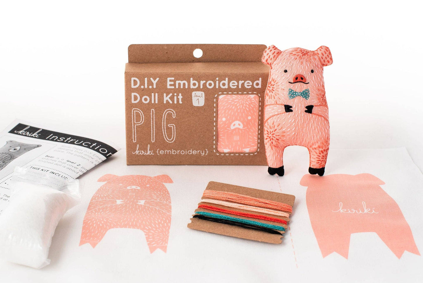 beginner embroidery kit, pig embroidery doll, animal embroidery starter kit, learn hand embroidery, Level 1 embroidery project, Kiriki Press pig, stitched pig plushie, embroidery gift for beginners, pig embroidery pattern, screen printed embroidery kit