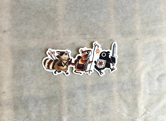 adventuring party animal sticker, raccoon and crow vinyl sticker, dnd animal party sticker, fantasy animal adventurers, chipmunk wizard sticker, rogue raccoon sticker, crow with sword art, waterproof rpg sticker, vinyl dnd character sticker, cute animal adventurers decal