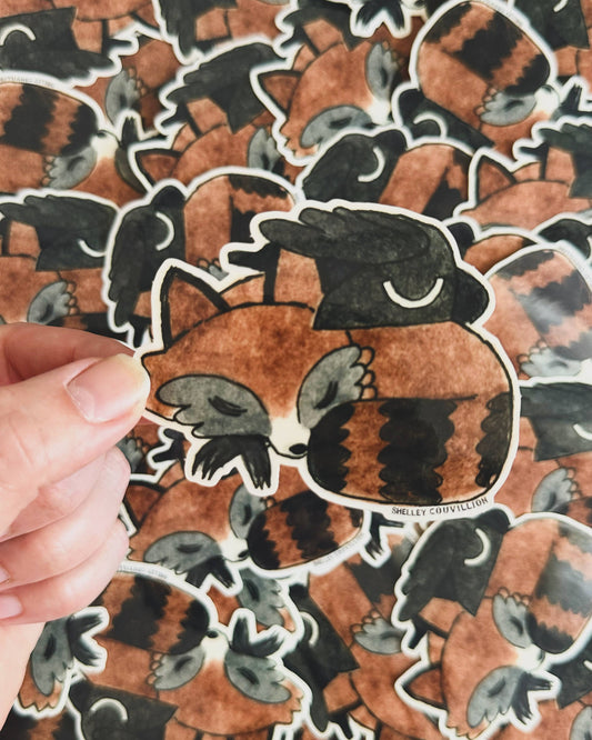 raccoon and crow sticker, dnd animal sticker, chaotic animal vinyl sticker, crow raccoon nap sticker, fantasy creature decal, ttrpg sticker, dungeon master gift, cute chaotic sticker, water bottle laptop sticker, waterproof animal sticker