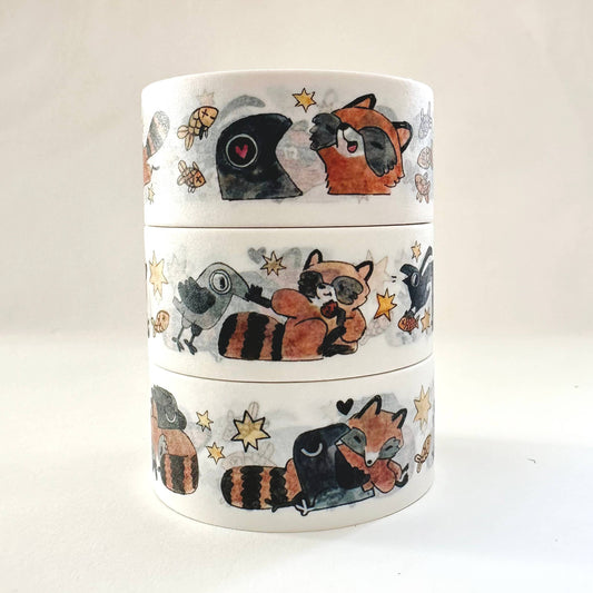 raccoon and crow washi tape, trickster animal washi, raccoon crow stationery tape, cute animal washi tape, 20mm washi tape roll, fantasy washi tape animals, journaling washi tape raccoon, crow craft tape, kawaii raccoon and bird washi, scrapbooking tape animals