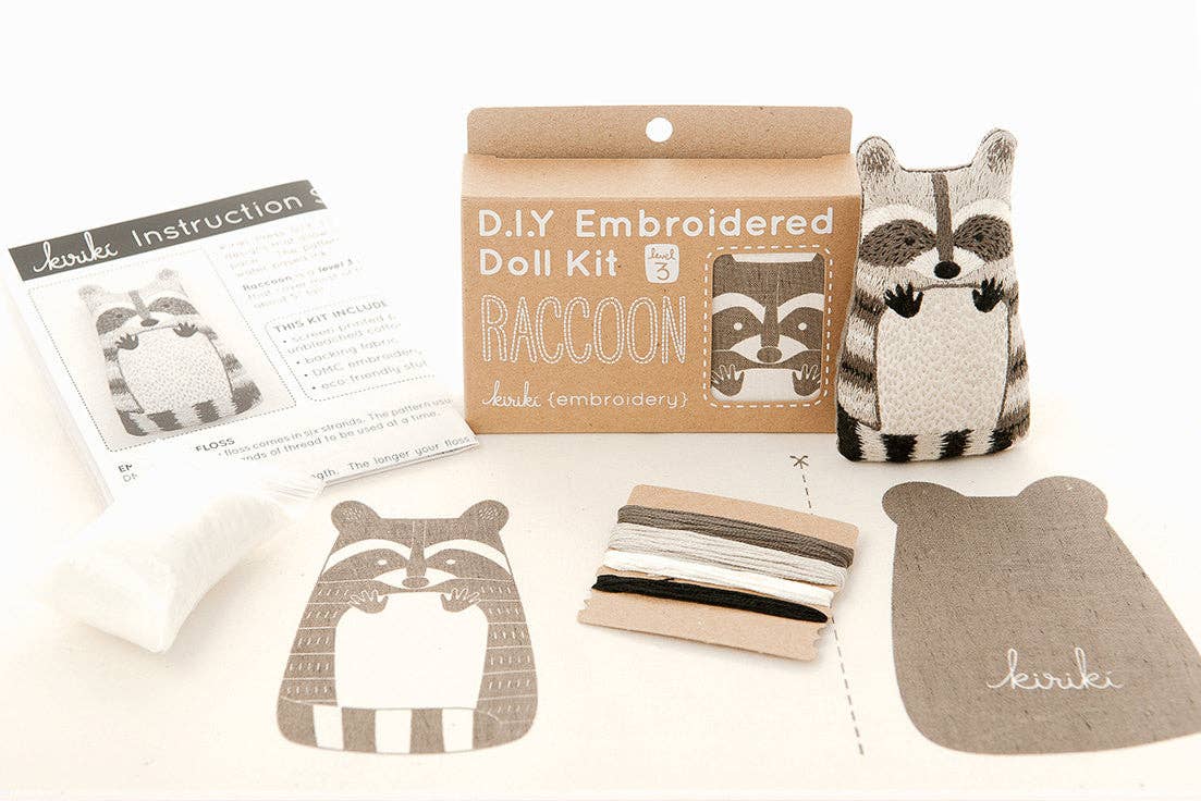 raccoon embroidery kit, advanced embroidery kit, Kiriki Press raccoon, embroidered animal doll kit, level 3 embroidery project, DIY embroidered plushie, raccoon stitch doll, hand embroidery kit for adults, embroidery gift idea, detailed embroidery pattern