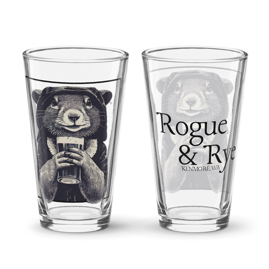 rogue pint glass, RPG pint glass, D&D rogue drinkware, Rogue & Rye barware, fantasy shaker glass, tabletop gaming glassware, 16 oz rogue glass, squirrel rogue glass, gamer pint glass, mischief drinkware