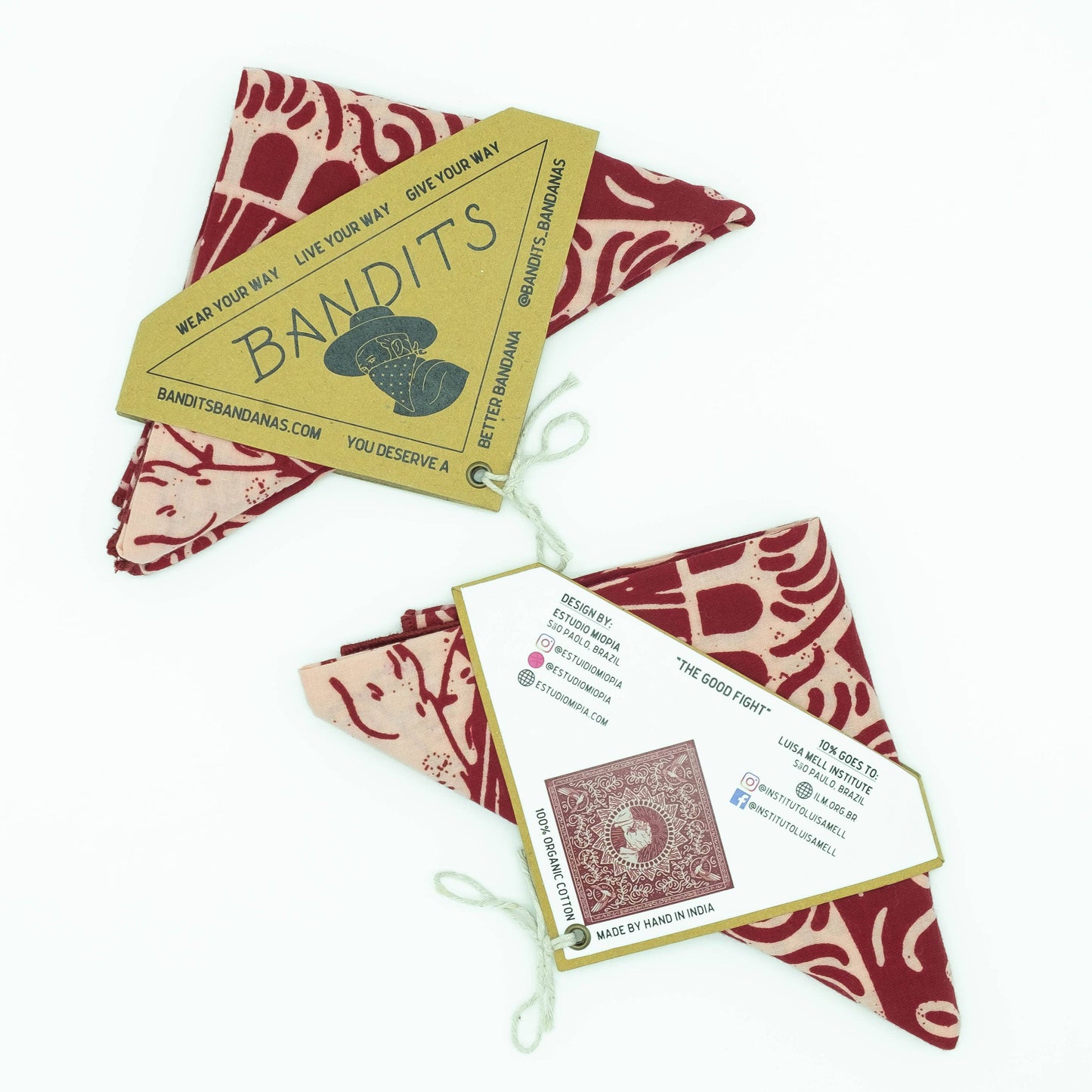 The Good Fight Bandana by Bandits Bandanas features original artwork by Estudio Miopia and is crafted from GOTS-certified, sustainably sourced organic cotton. Fair Trade Certified and ultra-soft, this 21" × 21" bandana is designed for everyday wear—styled at the neck, in the hair, or tied to a favorite bag. Each purchase gives back, with 10% of proceeds supporting Instituto Luisa Mell, making it a meaningful, artist-driven accessory with heart.