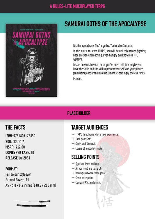 Samurai Goths RPG, post-apocalyptic TTRPG, goth samurai tabletop game, end of the world roleplaying game, quick-start TTRPG rulebook, indie RPG with unique setting, stylish apocalyptic RPG, TTRPG for new players, samurai goth apocalypse game, narrative-driven TTRPG