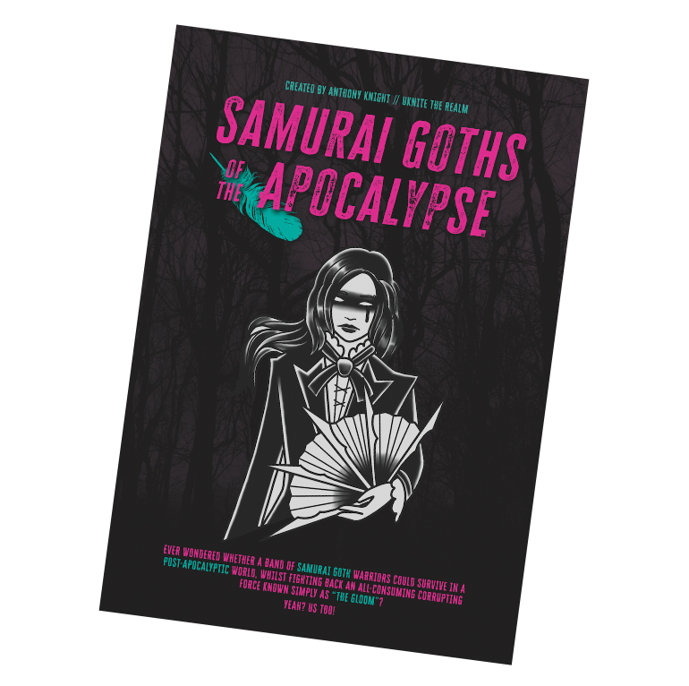 Samurai Goths RPG, post-apocalyptic TTRPG, goth samurai tabletop game, end of the world roleplaying game, quick-start TTRPG rulebook, indie RPG with unique setting, stylish apocalyptic RPG, TTRPG for new players, samurai goth apocalypse game, narrative-driven TTRPG