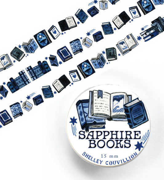 Unrolled Sapphire Books washi tape with individually illustrated blue books