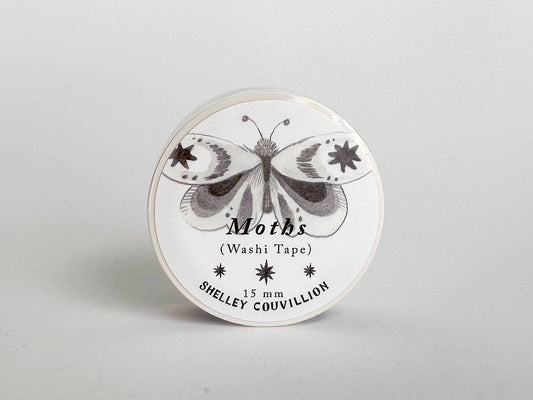 moth washi tape, Shelley Couvillion washi tape, nature washi tape, insect washi tape, illustrated washi tape, 15mm washi tape, Japanese paper tape, cute planner supplies, journaling accessories, botanical washi, bug washi tape, art tape for scrapbooking, decorative tape for bullet journal