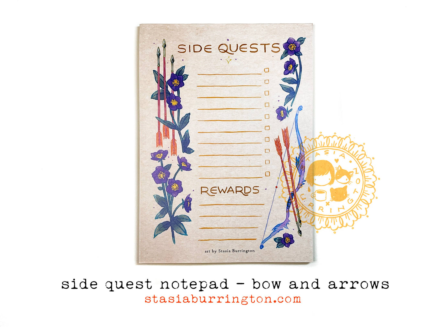 side quests notepad, rpg notepad, fantasy to-do list, bow and arrow stationery, rpg quest log, gamer notepad, dnd notepad, tabletop rpg accessories, hellebore fantasy stationery, adventure themed notebook, dungeons and dragons planner, geeky stationery gift, fantasy rewards list pad