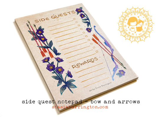 side quests notepad, rpg notepad, fantasy to-do list, bow and arrow stationery, rpg quest log, gamer notepad, dnd notepad, tabletop rpg accessories, hellebore fantasy stationery, adventure themed notebook, dungeons and dragons planner, geeky stationery gift, fantasy rewards list pad