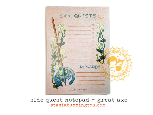 side quests notepad, great axe notepad, rpg task list, fantasy themed stationery, dnd productivity pad, tabletop rpg accessories, warrior to-do list, anemone fantasy notebook, geeky gift for gamers, fantasy office supplies, epic daily planner, rpg character-inspired notepad, battle-themed journal