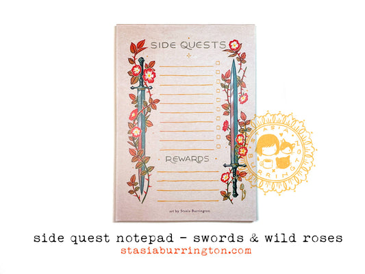 side quests notepad, swords to-do list, fantasy task planner, dnd stationery, rpg notepad, magical to-do pad, gamer organization tools, wild rose notebook, fantasy office supplies, heroic daily planner, tabletop rpg accessories, geeky gift for gamers, sword-themed journal