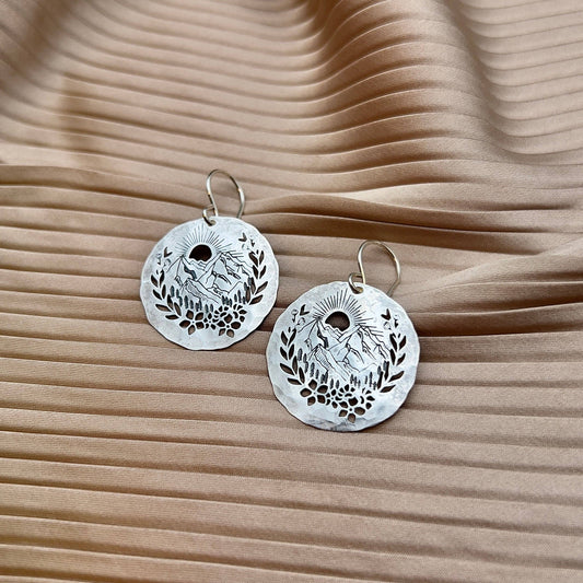 mountain earrings silver, sterling silver mountain jewelry, mountain cut out earrings, outdoor adventure earrings, hiking inspired jewelry, silver trail earrings, sterling silver plated earrings, nature lover gift, mountain range earrings, hypoallergenic silver earrings, statement earrings for hikers, wilderness inspired jewelry, stargazer earrings, silver mountain dangle earrings, bold nature earrings