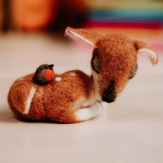 Sleepy fawn needle felting kit, woodland animal craft kit, beginner 3D needle felting, deer and robin felting kit, The Crafty Kit Company Scotland, Corriedale wool craft kit, sustainable needle felting, relaxing DIY animal project, handmade woodland decor, felted fawn gift idea