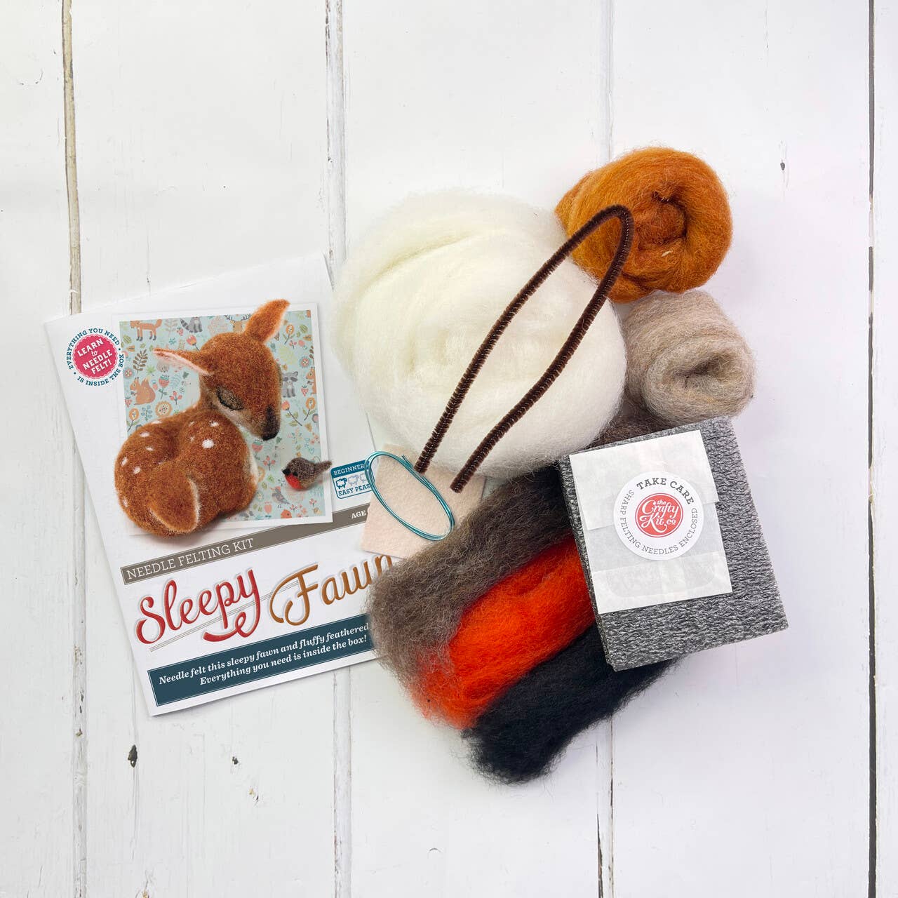 Sleepy fawn needle felting kit, woodland animal craft kit, beginner 3D needle felting, deer and robin felting kit, The Crafty Kit Company Scotland, Corriedale wool craft kit, sustainable needle felting, relaxing DIY animal project, handmade woodland decor, felted fawn gift idea