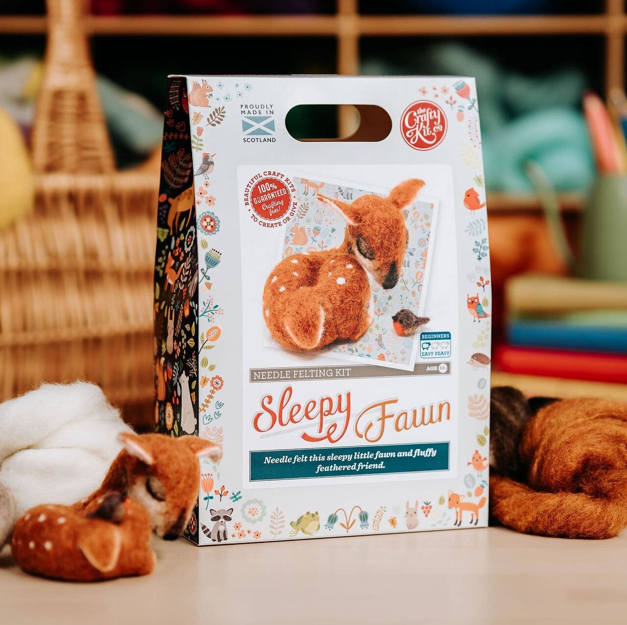 Sleepy fawn needle felting kit, woodland animal craft kit, beginner 3D needle felting, deer and robin felting kit, The Crafty Kit Company Scotland, Corriedale wool craft kit, sustainable needle felting, relaxing DIY animal project, handmade woodland decor, felted fawn gift idea