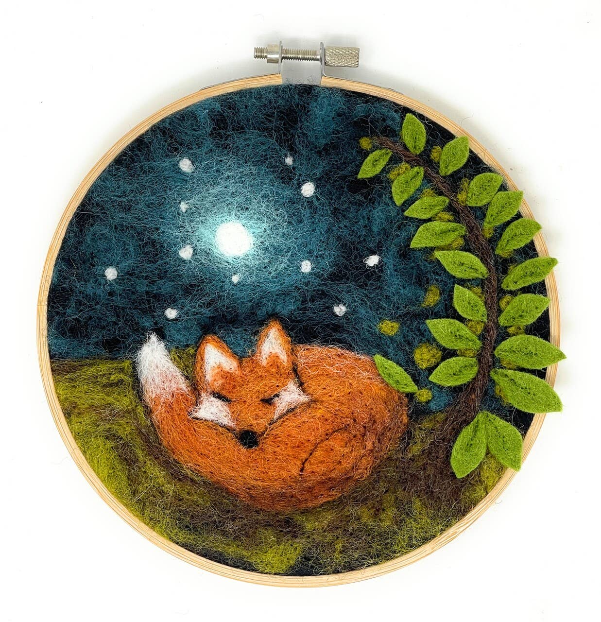 sleepy fox needle felting kit, fox in a hoop felting kit, painting with wool kit, diy wool art kit, beginner needle felting fox, crafty kit company felt kit, woodland animal felting, fox embroidery hoop kit, felt fox decor craft, hoop needle felting project, wool fox wall art, scottish felting kits, felted fox gift kit, corriedale wool craft, diy hoop wall art kit