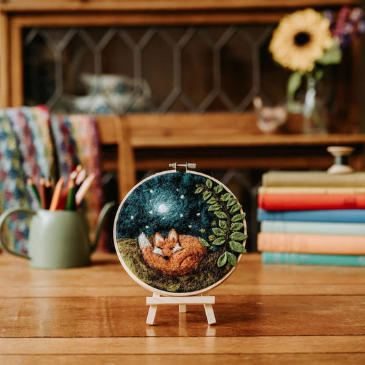 sleepy fox needle felting kit, fox in a hoop felting kit, painting with wool kit, diy wool art kit, beginner needle felting fox, crafty kit company felt kit, woodland animal felting, fox embroidery hoop kit, felt fox decor craft, hoop needle felting project, wool fox wall art, scottish felting kits, felted fox gift kit, corriedale wool craft, diy hoop wall art kit