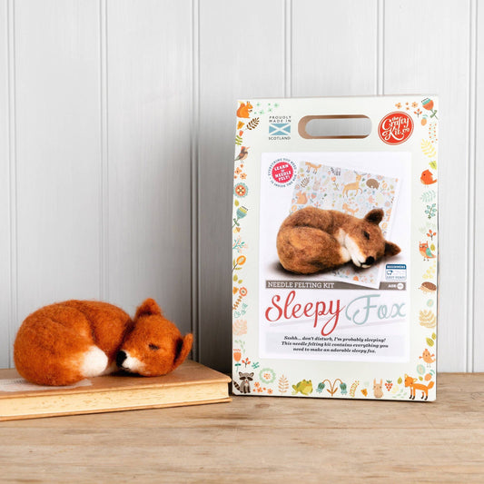 sleepy fox needle felting kit, beginner wool craft kit, woodland animal felting project, DIY fox craft kit, handmade felting kit Scotland, The Crafty Kit Company fox, Corriedale wool needle felting, cozy fox DIY craft, giftable beginner craft kit, animal lover needle felting project