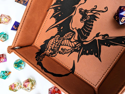 vegan leather dice tray, Spawn of Tiamat tray, DnD rolling tray, RPG accessory tray, NTSD Gaming dice tray, tabletop organizer, snap dice tray, dragon themed gaming tray, vegan leather gaming accessory, North to South Designs