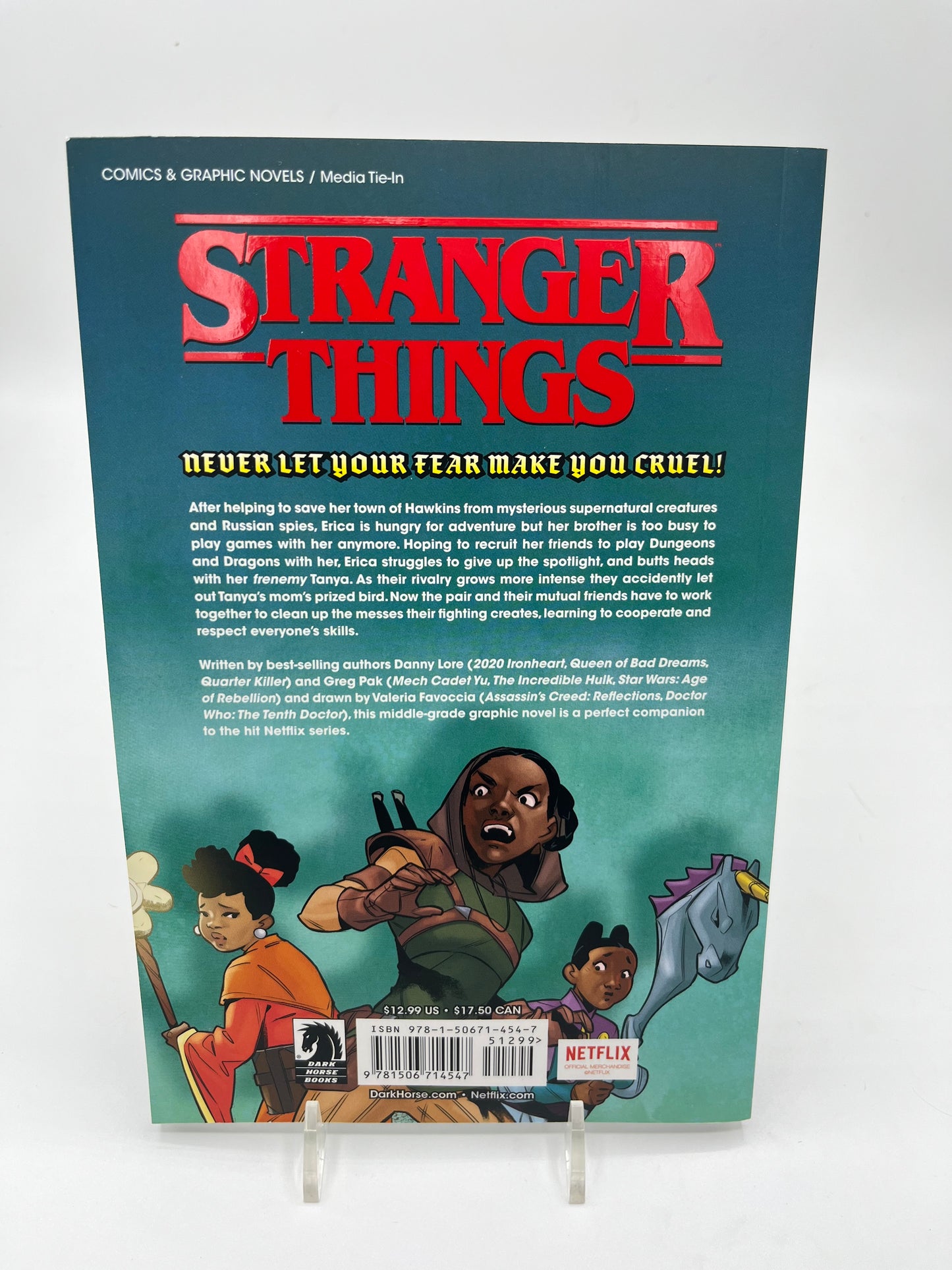 Back cover of Stranger Things: Erica the Great featuring the story synopsis, character artwork of Erica Sinclair, and publishing information.