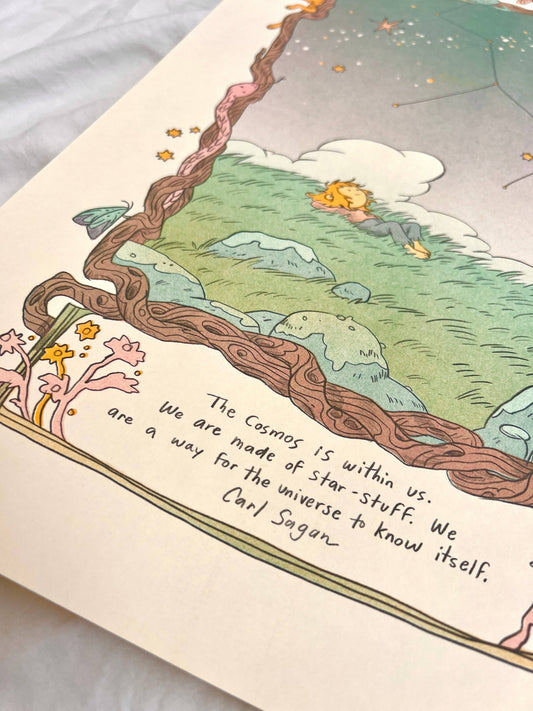 Carl Sagan quote print, Cosmos risograph print, Natalie Andrewson space art, Contact tribute artwork, bubblegum pink mint riso print, four-color riso art, science lover wall art, cosmic illustration print, Secret Room Press risograph, speculative fiction art print, vibrant riso poster, collectible indie printmaker art, Rogue & Rye artist collection.