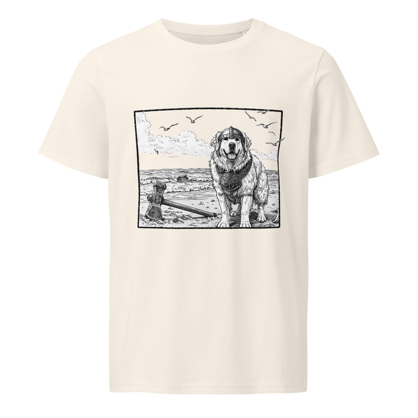 The Herald tee, organic cotton t-shirt, unisex adventure shirt, Rogue & Rye apparel, Great Pyrenees inspired shirt, mid-weight cotton tee, eco-friendly graphic tee, sustainable outdoor shirt, fantasy RPG clothing, nature-inspired unisex tee, guardian character t-shirt, soft breathable t-shirt, organic RPG apparel, adventure themed t-shirt, GOTS certified shirt