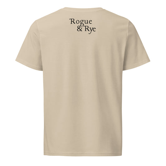 The Herald tee, organic cotton t-shirt, unisex adventure shirt, Rogue & Rye apparel, Great Pyrenees inspired shirt, mid-weight cotton tee, eco-friendly graphic tee, sustainable outdoor shirt, fantasy RPG clothing, nature-inspired unisex tee, guardian character t-shirt, soft breathable t-shirt, organic RPG apparel, adventure themed t-shirt, GOTS certified shirt