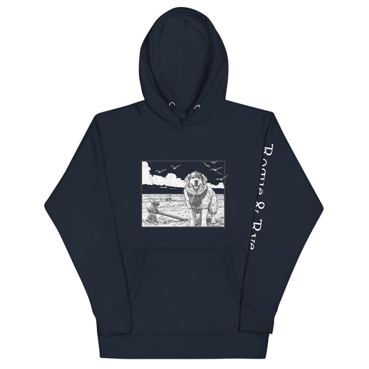 The Herald hoodie, unisex adventure hoodie, Rogue & Rye hoodie, Great Pyrenees inspired sweatshirt, fantasy RPG hoodie, cozy fleece hoodie, cotton blend hoodie, cold weather adventure gear, soft warm unisex hoodie, RPG character apparel, sustainable fantasy clothing, fleece-lined hoodie, guardian character sweatshirt, winter-ready gamer hoodie, stylish warm hoodie