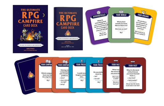 Ultimate RPG Campfire Card Deck, James D’Amato, TTRPG conversation cards, character backstory prompts, RPG roleplay questions, tabletop storytelling game, RPG party bonding deck, 150 question card deck, immersive roleplay tool, tabletop downtime activity