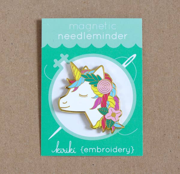 unicorn needleminder, magnetic needle holder, enamel needle minder unicorn, embroidery hoop accessories, cross-stitch unicorn magnet, rare earth magnet needle tool, cute unicorn sewing notion, whimsical embroidery gift, magical stitch marker